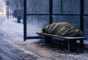 Leżąca osoba na ławce.