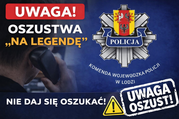 Logo łódzkiej policji i napis uwaga oszustwa pod legendą.